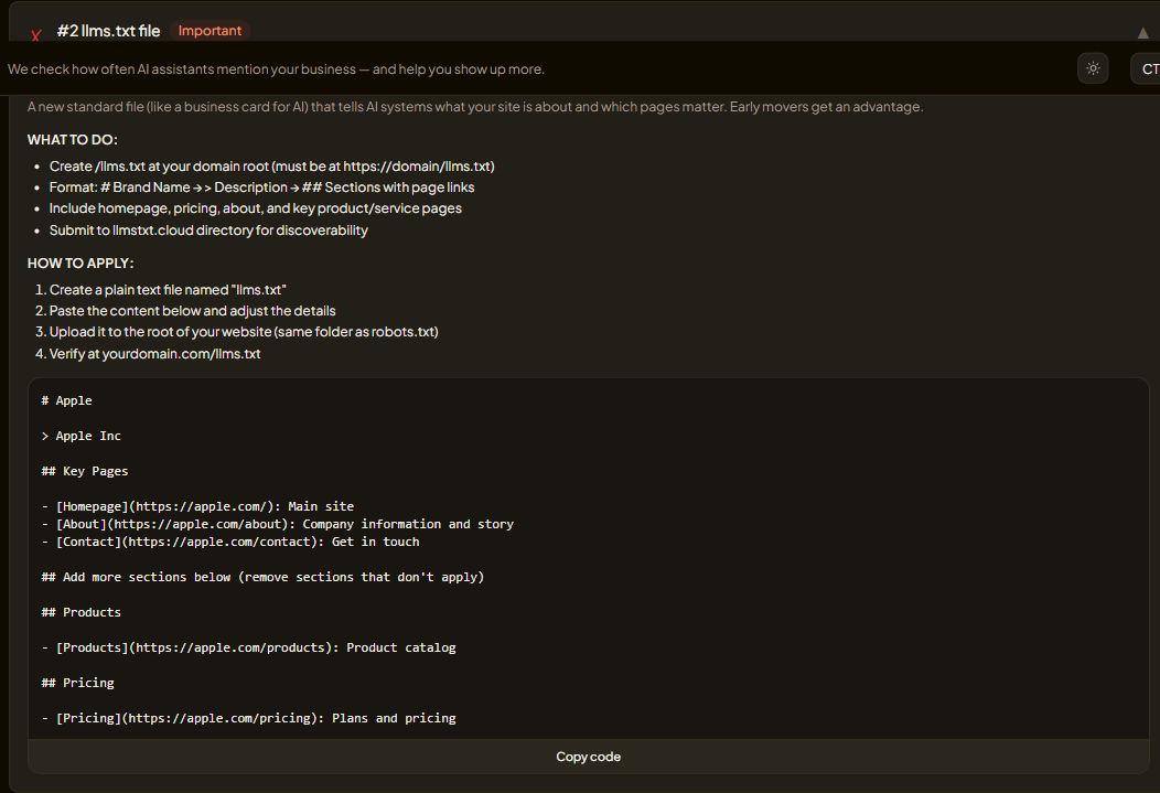 An audit check with its explanation and fix